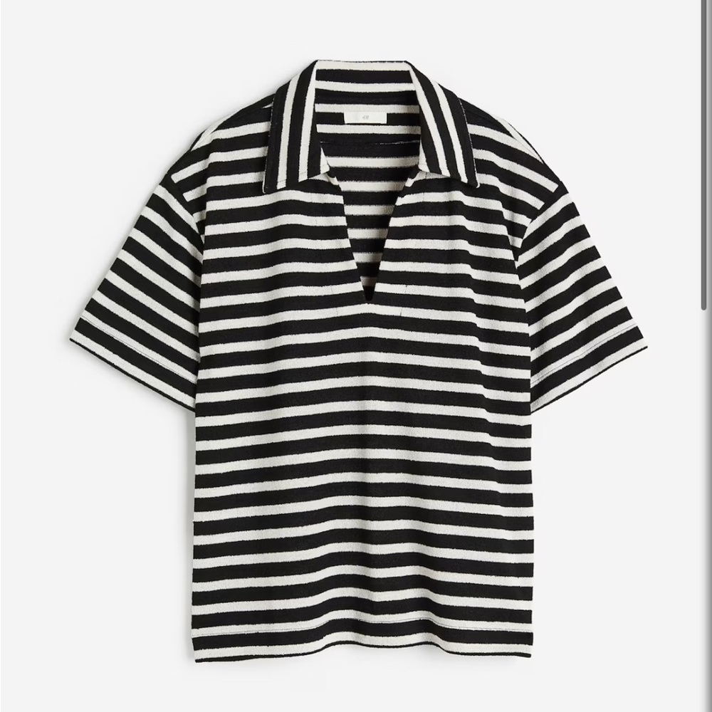 H&M Black & White Striped Knit Polo Shirt  | Large